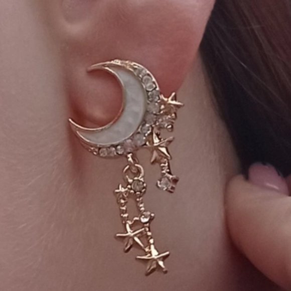 Gold Moon + Star Crystal Tassel Stud Earrings - Picture 3 of 4